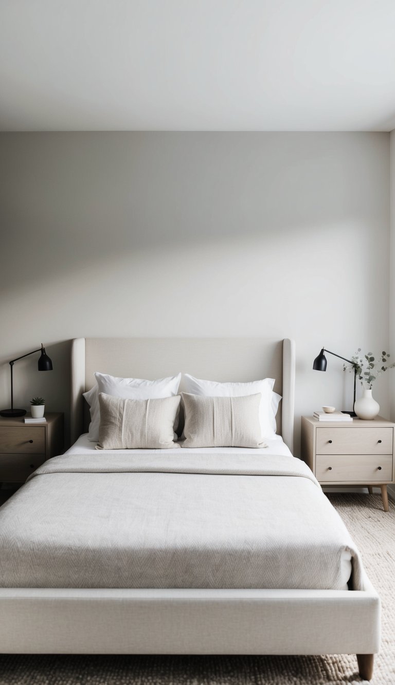 A simple, uncluttered bedroom with neutral colors, clean lines, and minimal furniture. A large, unmade bed sits in the center, with a few carefully chosen decorative items on the nightstand and dresser