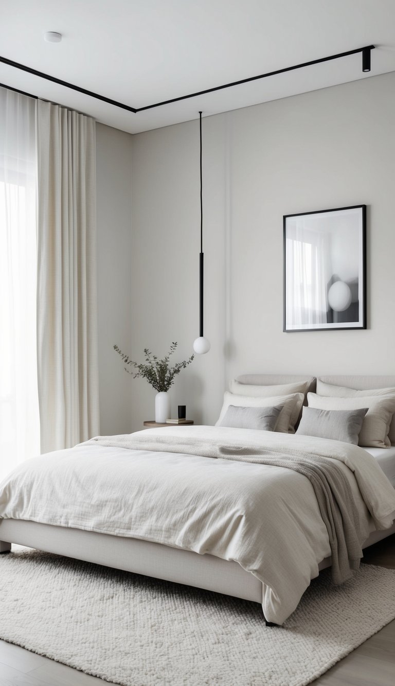 A minimalist bedroom with neutral tones, featuring clean lines, simple furniture, and a serene atmosphere