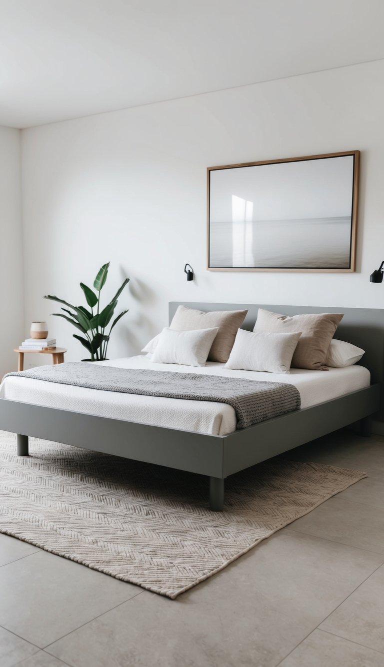 A platform bed frame in a minimalist bedroom with clean lines, neutral colors, and simple decor