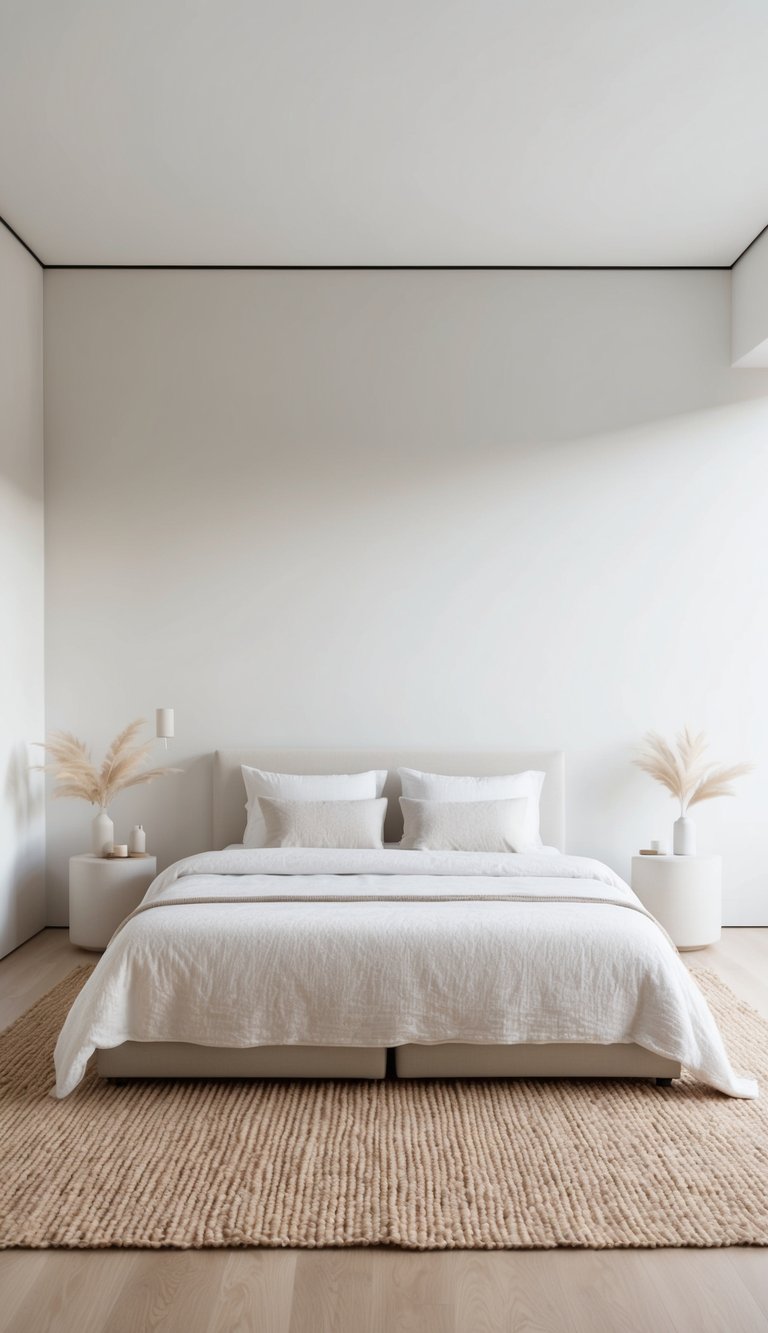 A simple, unadorned bedroom with a natural fiber rug as the focal point. Clean lines and neutral colors create a serene, minimalist atmosphere