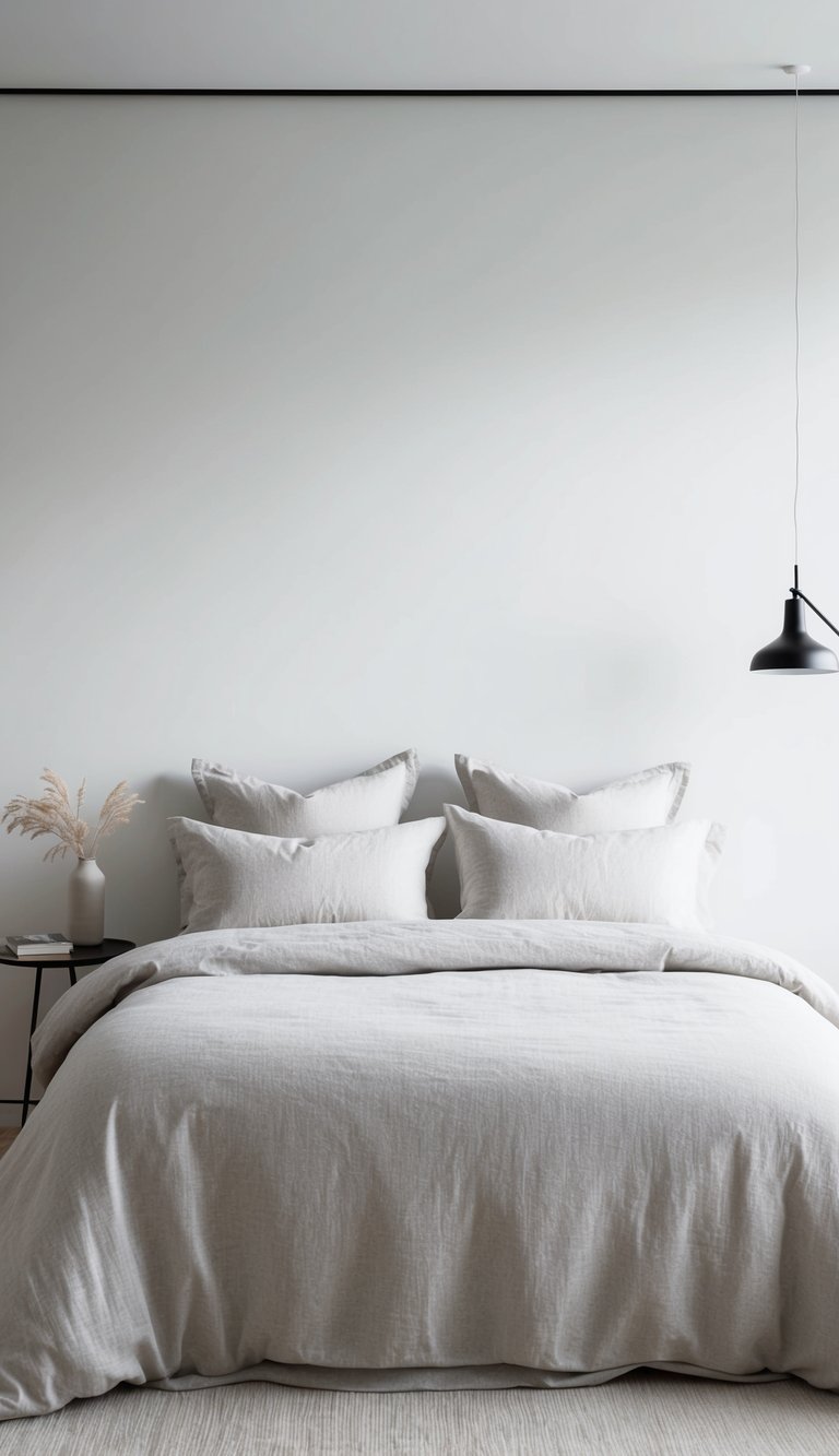 A neatly made bed with linen bedding in a minimalist bedroom, with clean lines and simple decor