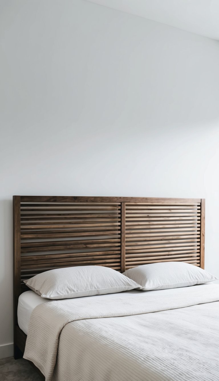 A slatted wood headboard stands against a white wall in a minimalist bedroom, with clean lines and simple decor