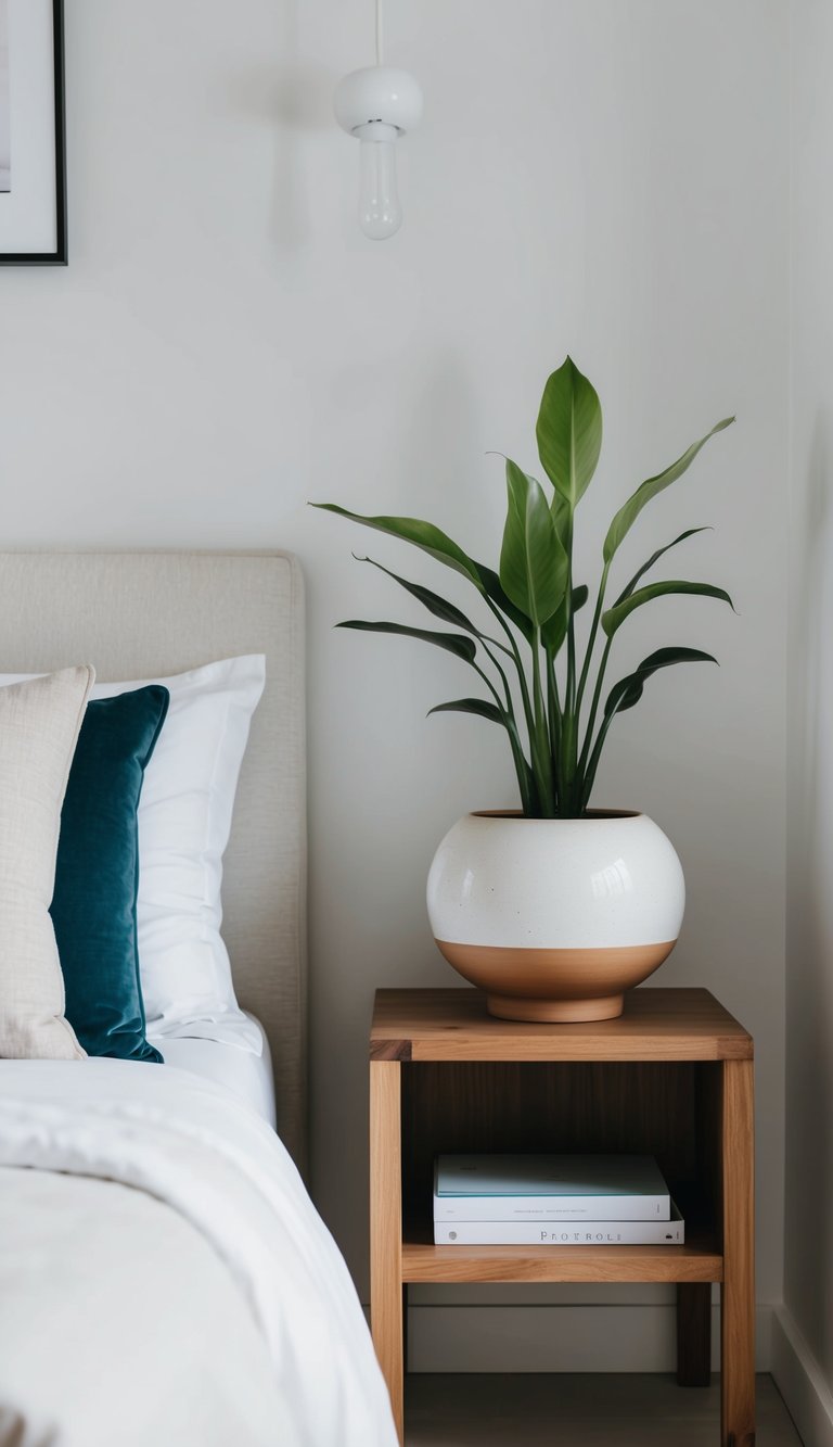 A ceramic planter sits on a wooden nightstand in a minimalist bedroom with clean lines and neutral colors