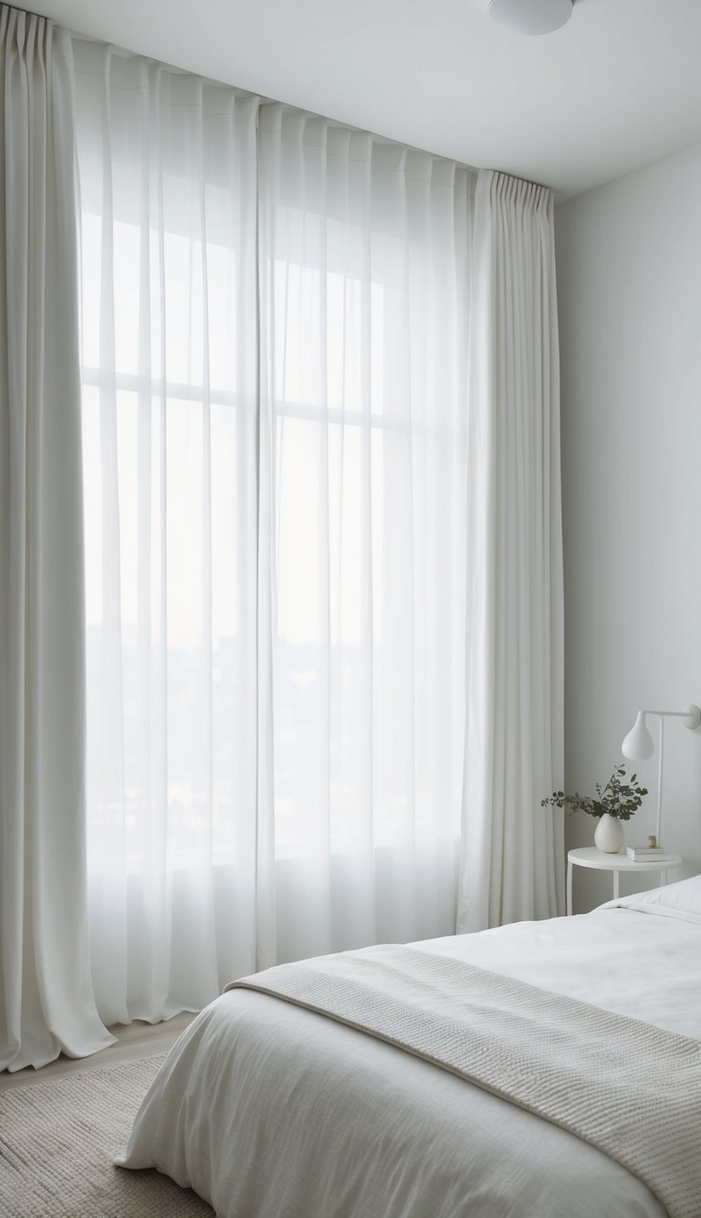 Crisp white curtains frame a serene, minimalist bedroom with clean lines and simple decor