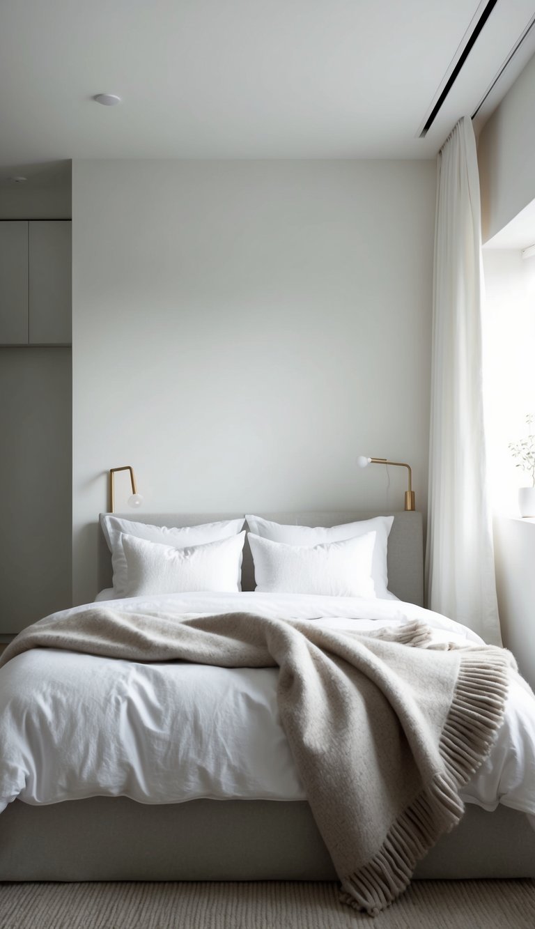 A cozy minimalist bedroom with a soft wool throw blanket draped over a neatly made bed, surrounded by clean lines and simple decor