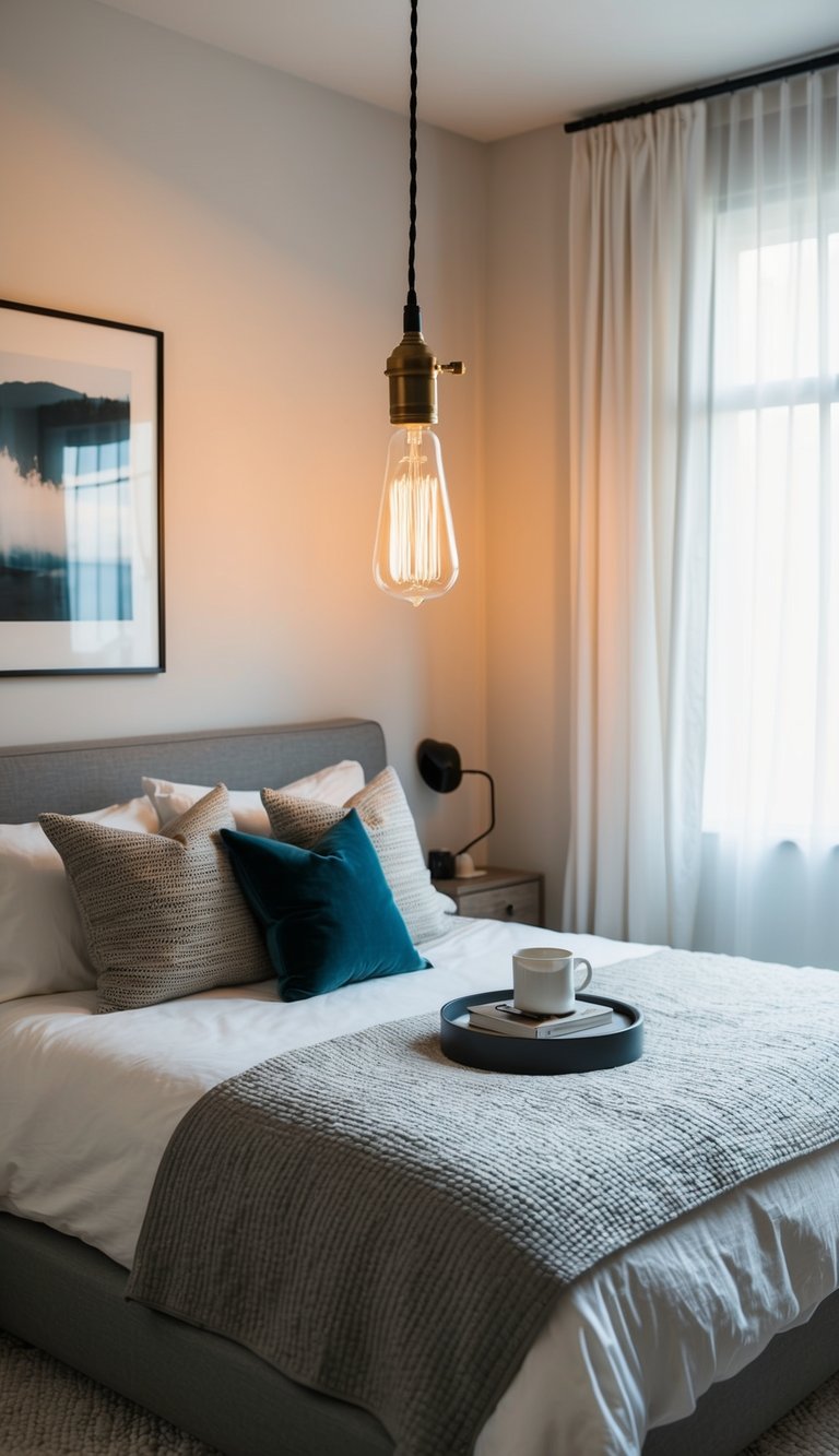 A vintage Edison bulb lamp illuminates a minimalist bedroom with 22 design ideas