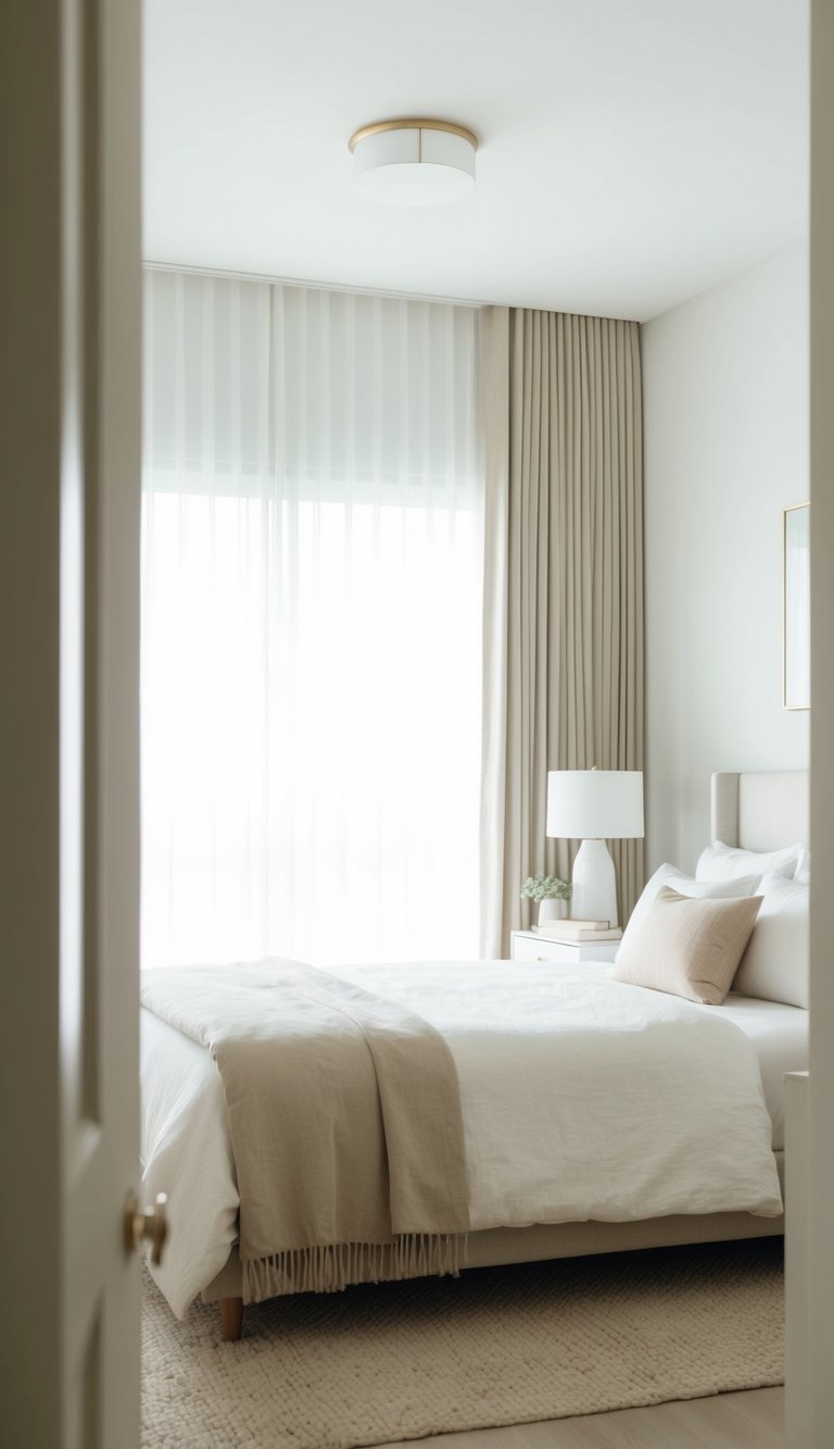 A serene bedroom with clean lines, neutral colors, and simple furnishings, illuminated by soft natural light