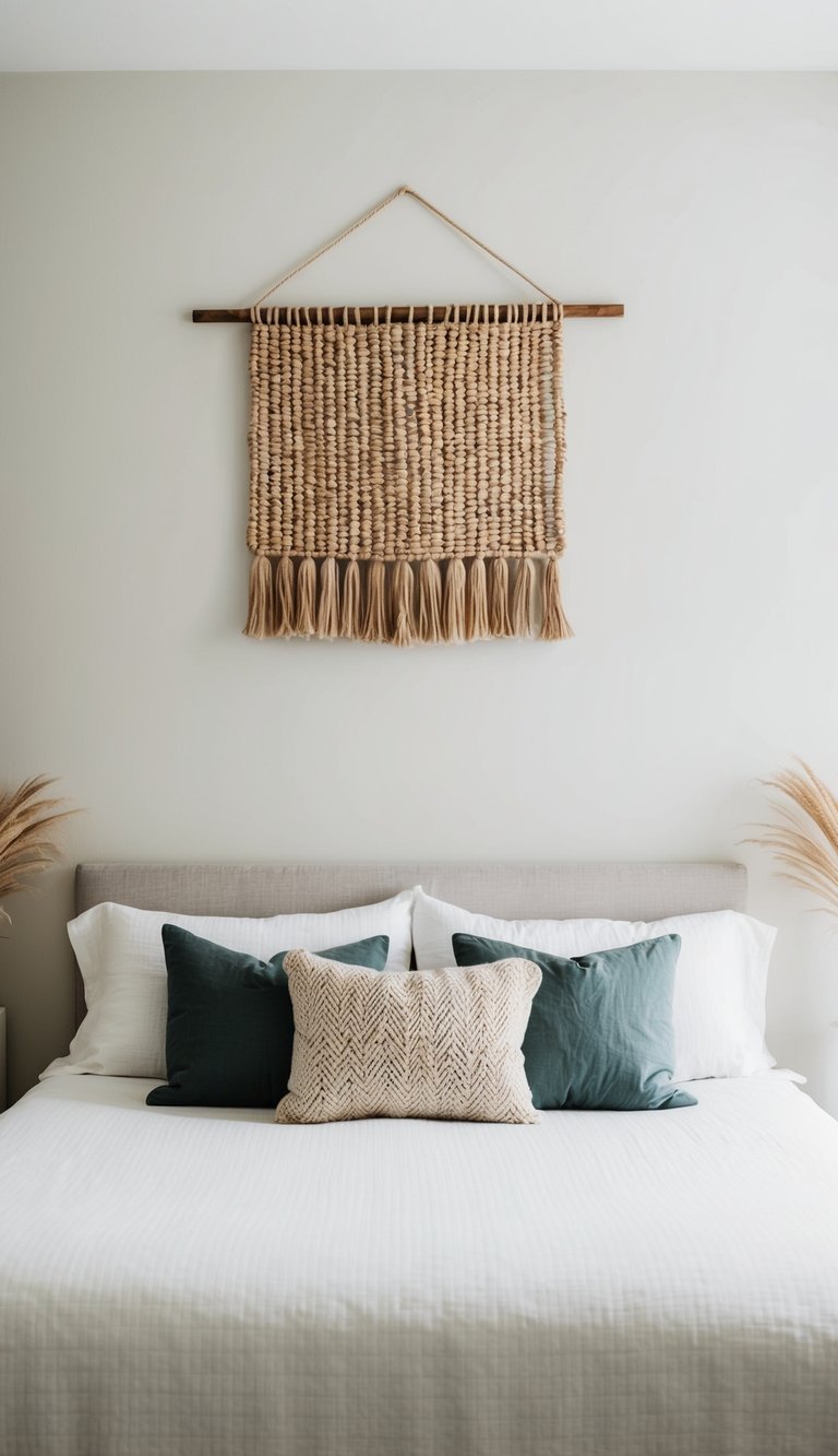 A simple, modern bedroom with a woven wall hanging as the focal point above a clean, uncluttered bed