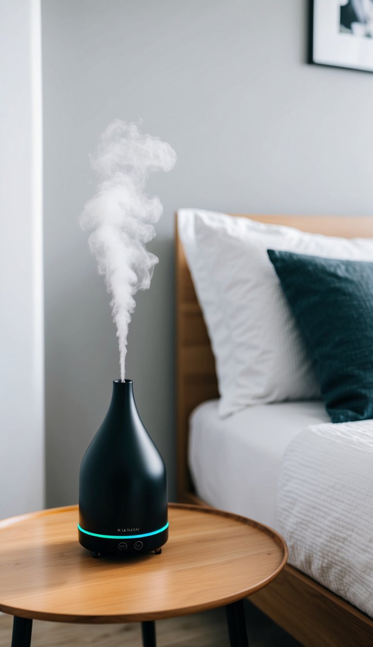 A sleek essential oil diffuser sits on a wooden bedside table in a minimalist bedroom with clean lines and neutral colors