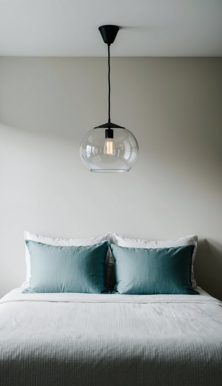 A simple, modern bedroom with a glass pendant light hanging above a neatly made bed