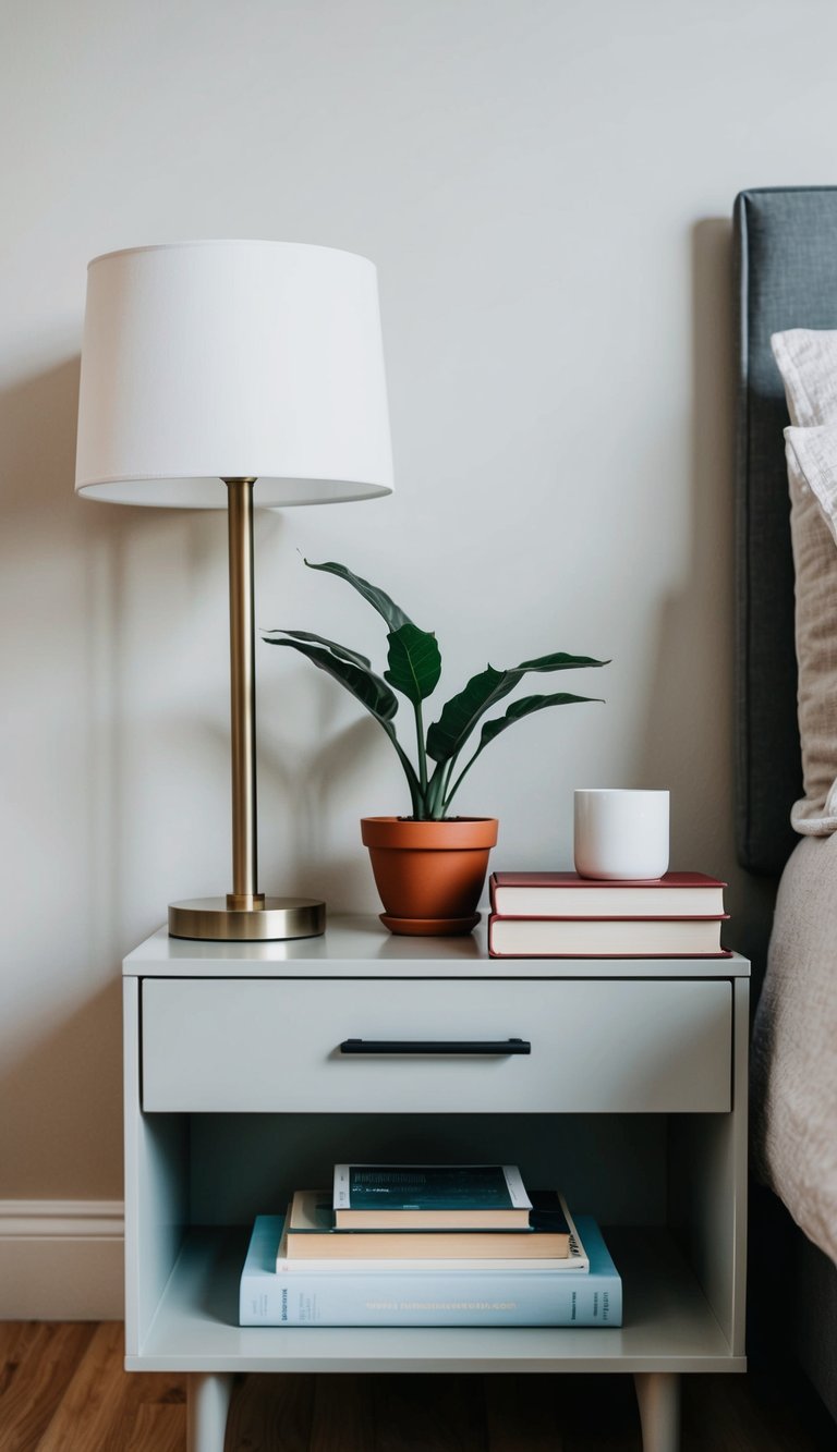 A simple nightstand with a lamp, book, and plant