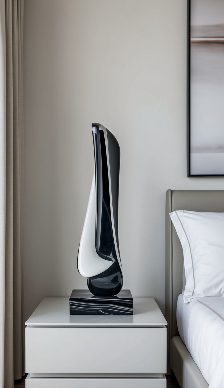 An abstract sculpture sits on a sleek nightstand in a minimalist bedroom with clean lines and neutral colors