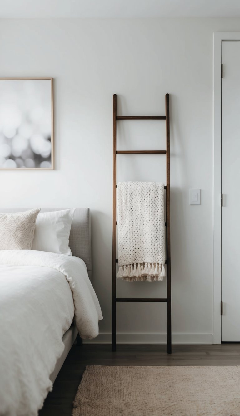 A simple, modern bedroom with a ladder blanket holder and minimalist decor