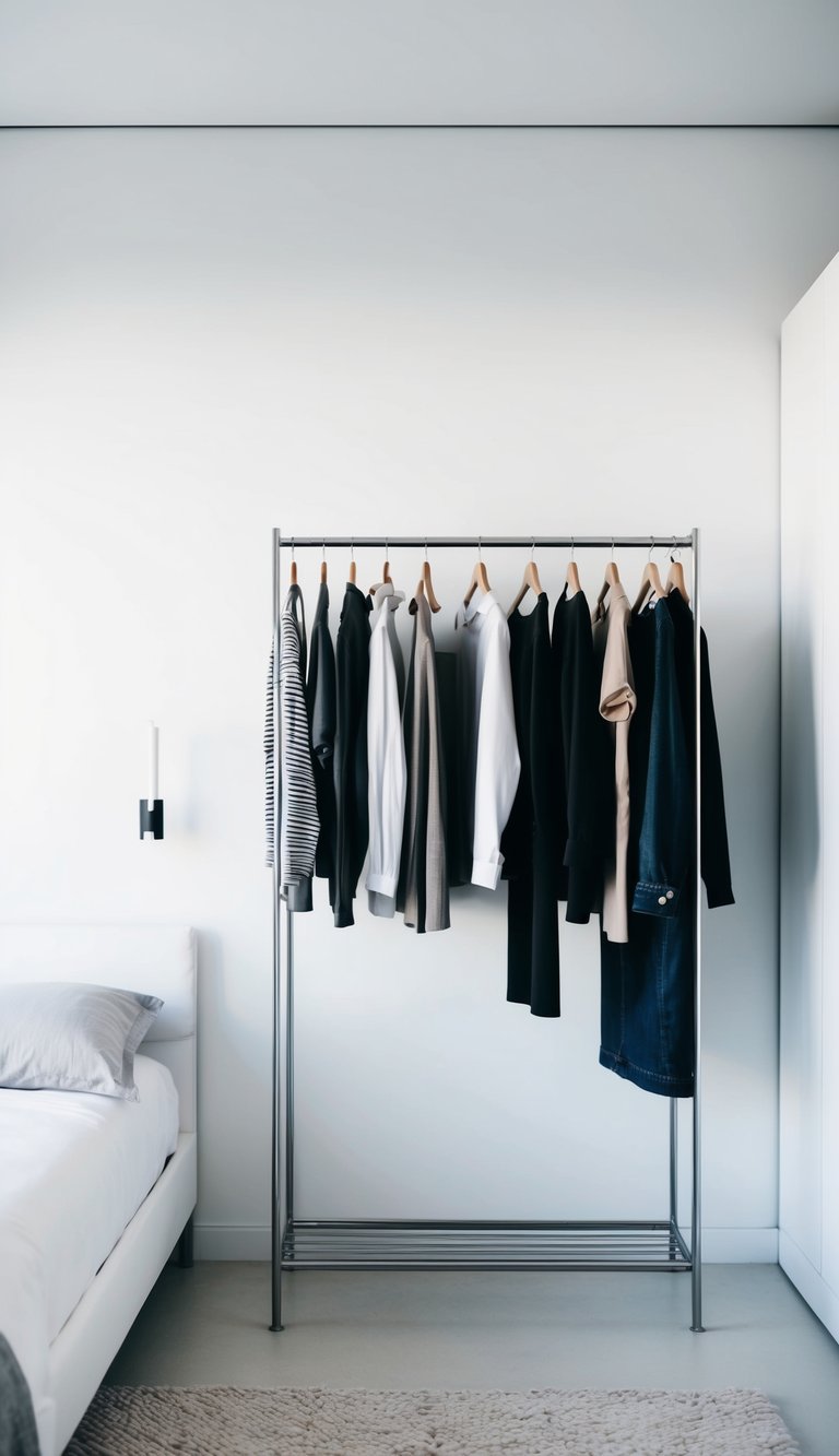 A sleek, metal wardrobe rack stands against a white wall in a minimalist bedroom, holding a few carefully curated pieces of clothing