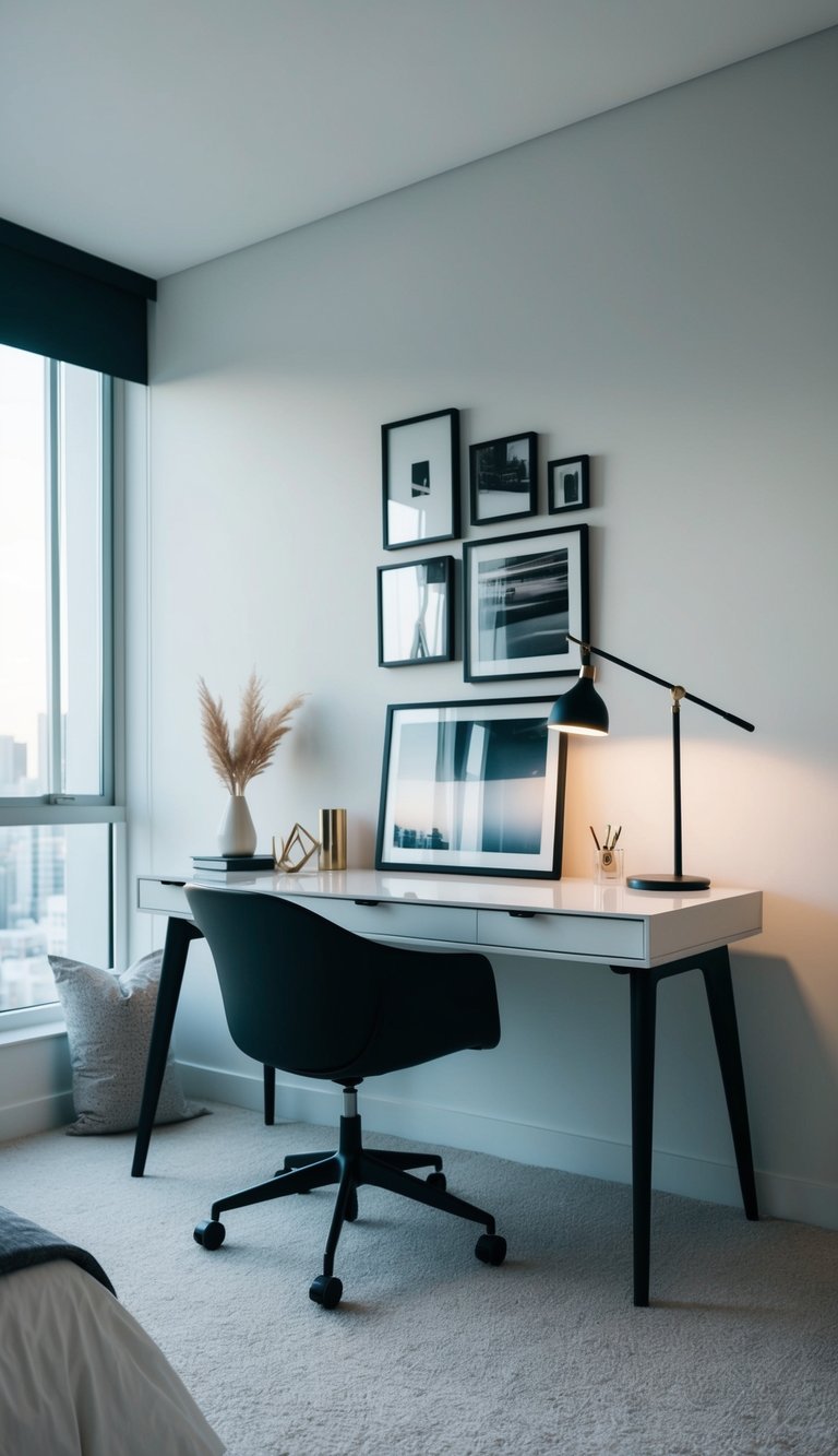 A sleek, uncluttered desk sits in a minimalist bedroom, adorned with a few carefully chosen decor pieces