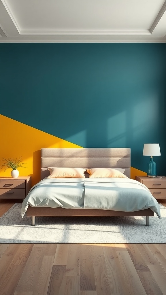 A bedroom featuring an accent wall with teal and yellow geometric design, complemented by a modern bed and nightstands.