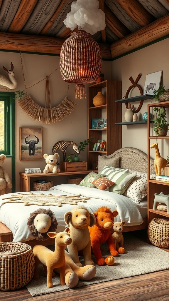 Cozy toddler boy bedroom with animal safari theme featuring plush toys, wooden elements, and earthy decor.