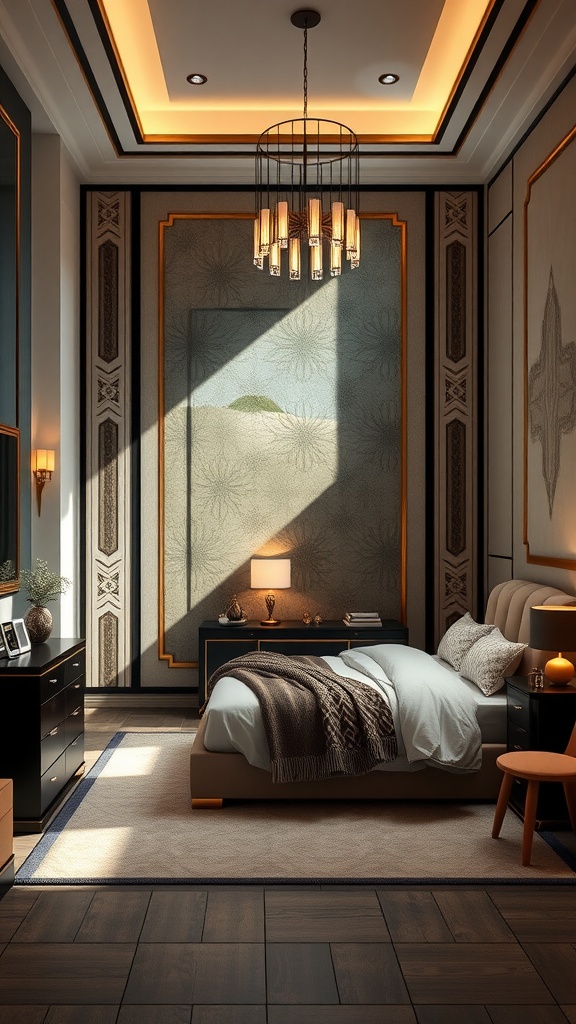 A stylish Art Deco bedroom featuring a chandelier, elegant walls, and cozy bedding.