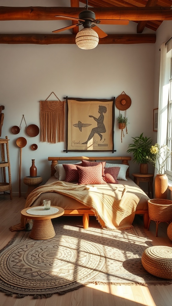 A cozy western boho bedroom featuring artisan craftsmanship with handmade textiles and rustic decor.