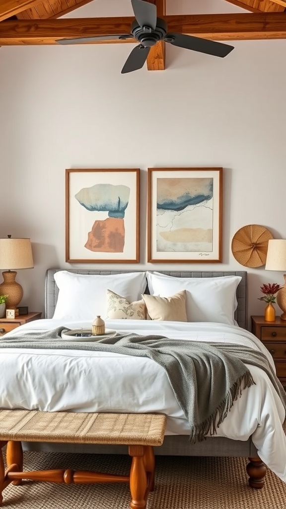 A cozy bedroom featuring artisan craftsmanship with warm wood furniture, framed artwork, and layered bedding.