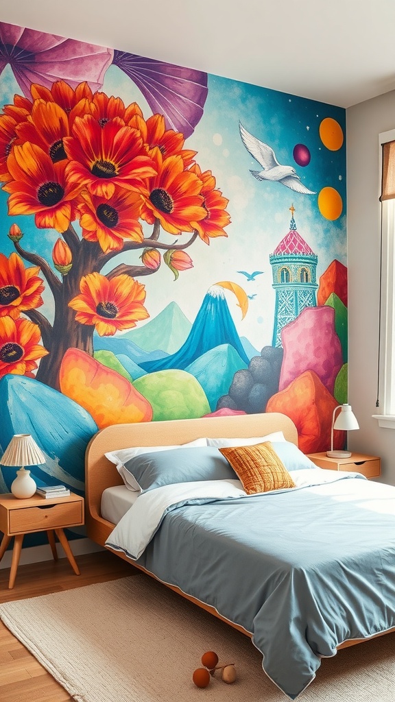 A bedroom featuring a vibrant wall mural with colorful flowers and a bird, alongside a neatly made bed.