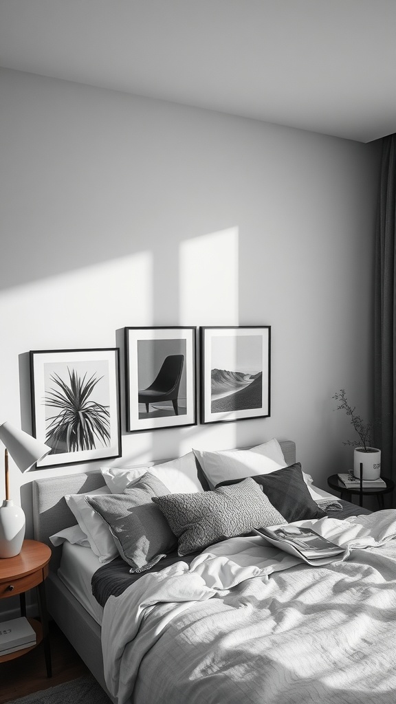 A stylish bedroom featuring black and white framed photos above the bed, with neutral bedding and accents.