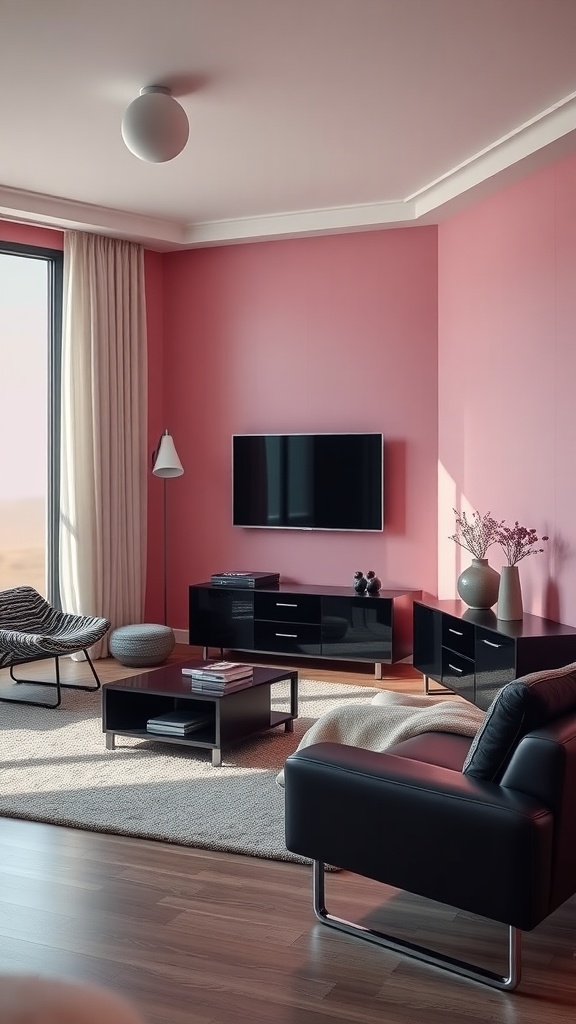 Modern living room with pink walls and black furniture