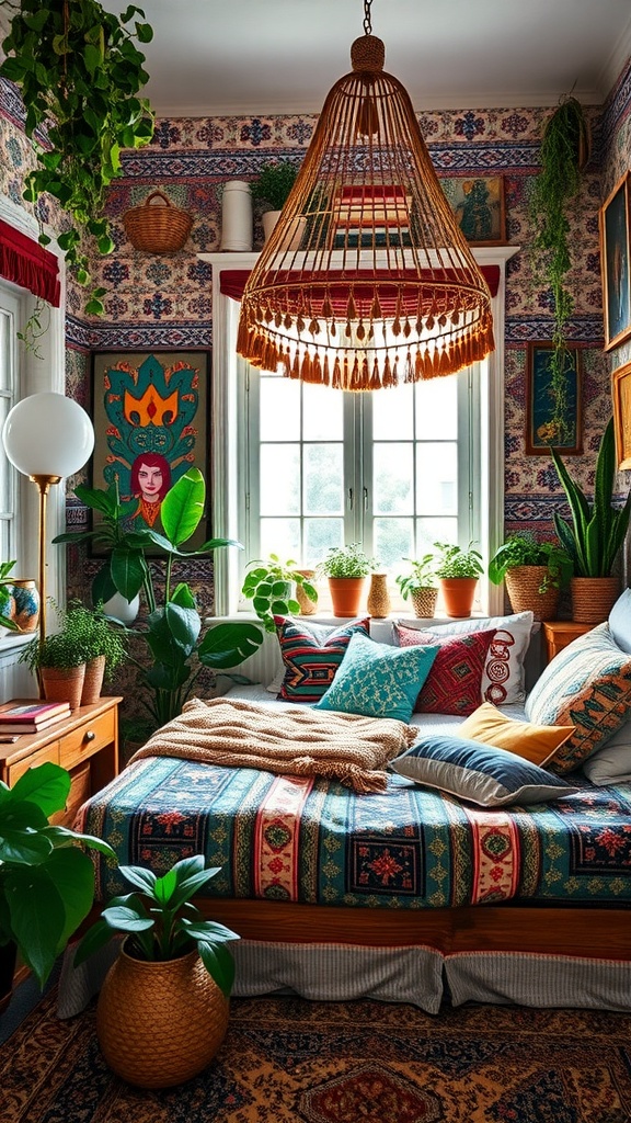 A cozy bohemian styled bedroom featuring a colorful bedspread, plants, and framed artwork.