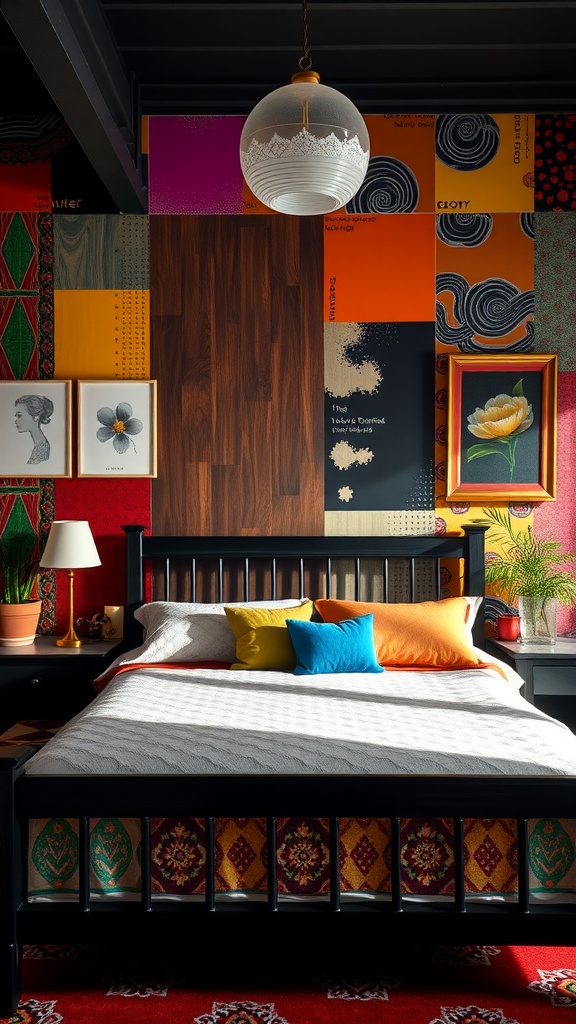 A bold bedroom featuring a black bedframe surrounded by vibrant, eclectic wall art and colorful pillows.