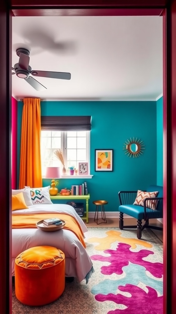 A vibrant bedroom featuring turquoise walls, orange bedding, and colorful accents.