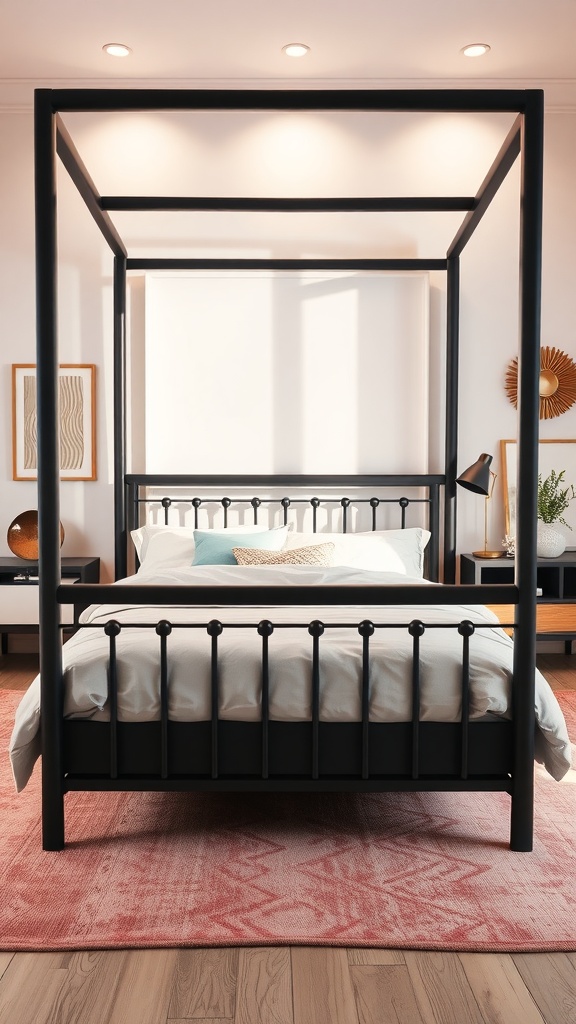 A black bedframe with pastel accents in a bright bedroom setting.