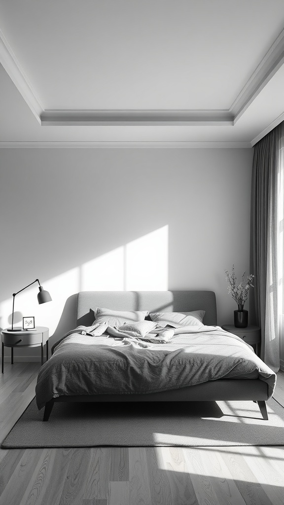 A calming monochrome bedroom with gray bedding, a minimalist design, and natural light.