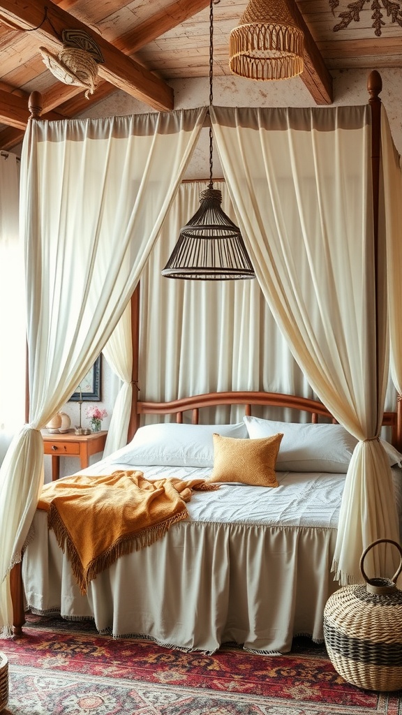 A chic canopy bed in a Western boho style bedroom, featuring soft drapes, warm wood tones, and cozy decorative elements.