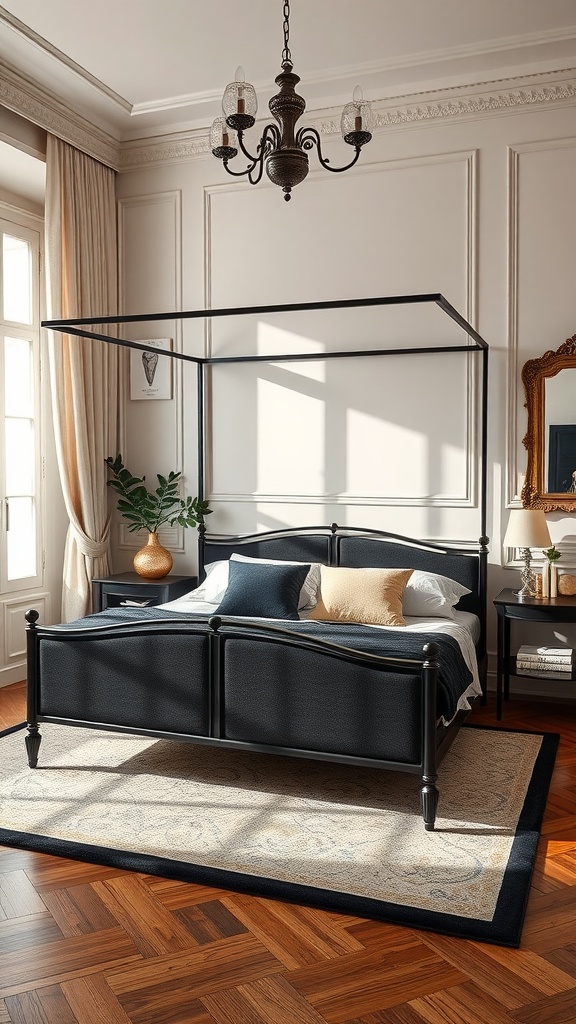 A chic bedroom featuring a black bedframe, elegant decor, and warm lighting.