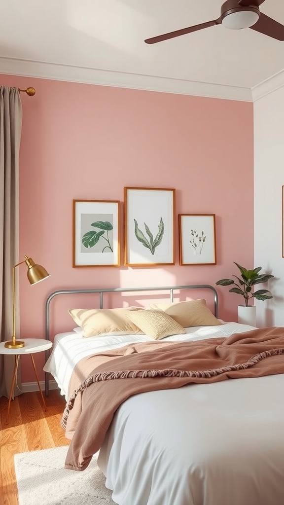 A cozy bedroom featuring a pink accent wall, framed botanical prints, and neutral-toned bedding.