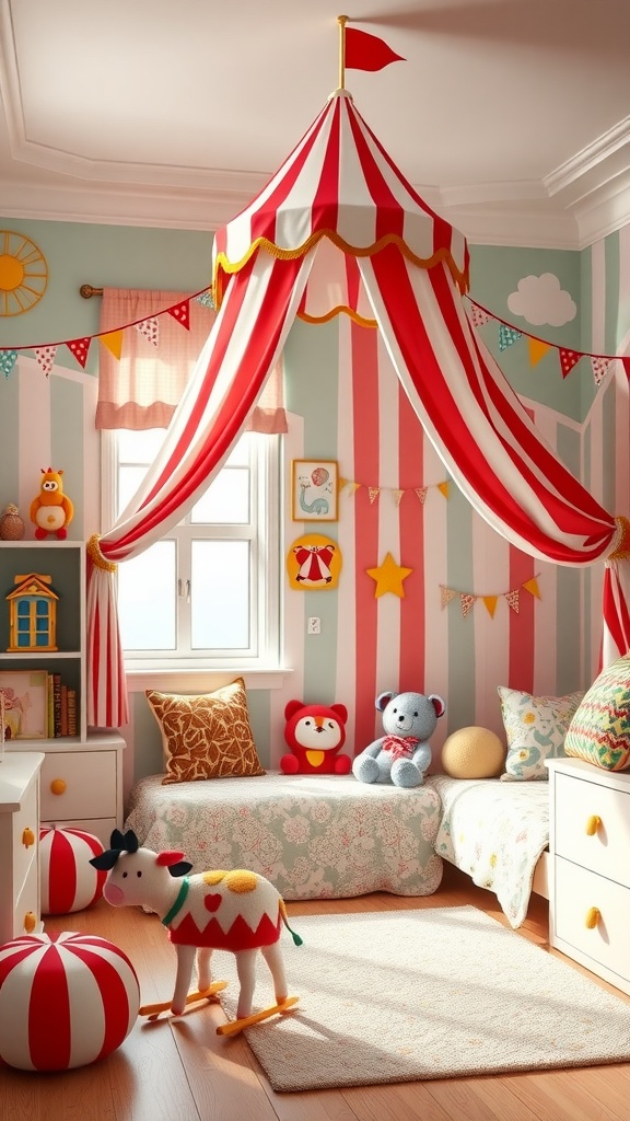 A toddler boy's bedroom featuring a colorful circus tent, playful stuffed animals, and bright decor.