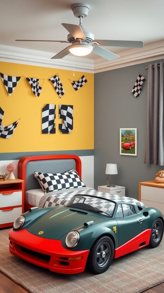 A toddler boy's bedroom featuring a race car bed, checkered flag decorations, and colorful walls.