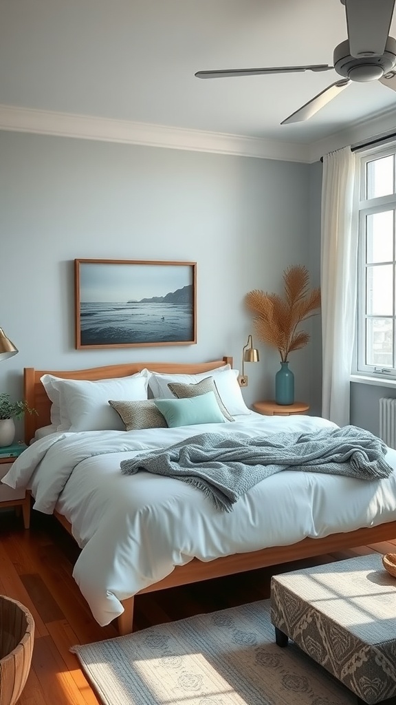 A serene bedroom designed with coastal beach vibes featuring a light blue color palette, white linens, and natural decor elements.