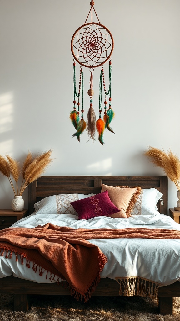 A colorful dreamcatcher hanging above a cozy boho bedroom with warm-toned bedding and decorative pillows.