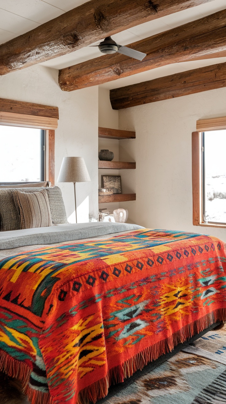 Colorful throw blankets on a bed showcasing a boho style.