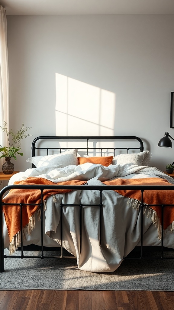 A cozy bed with a black frame layered with orange and gray throws, styled for comfort.