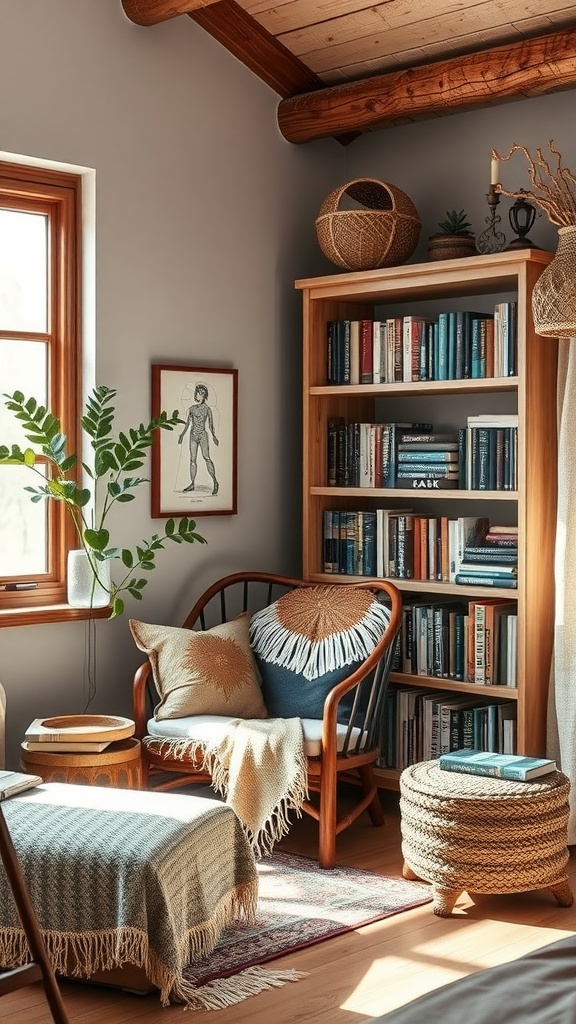 A cozy reading nook in a Western boho bedroom with a wooden chair, soft cushions, a bookshelf filled with books, and a potted plant.