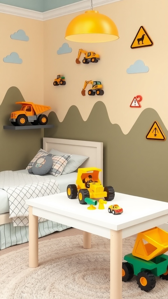 A toddler's bedroom with a construction theme featuring toy trucks and tools, a round table, and vibrant decor.