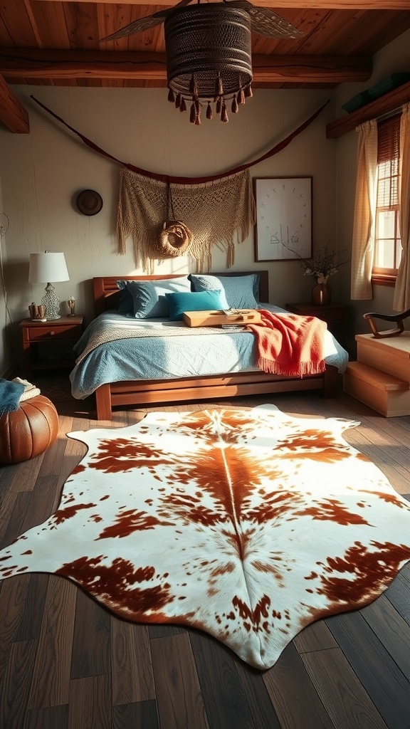 A cozy Western boho bedroom featuring a patterned cowhide rug on wooden flooring.