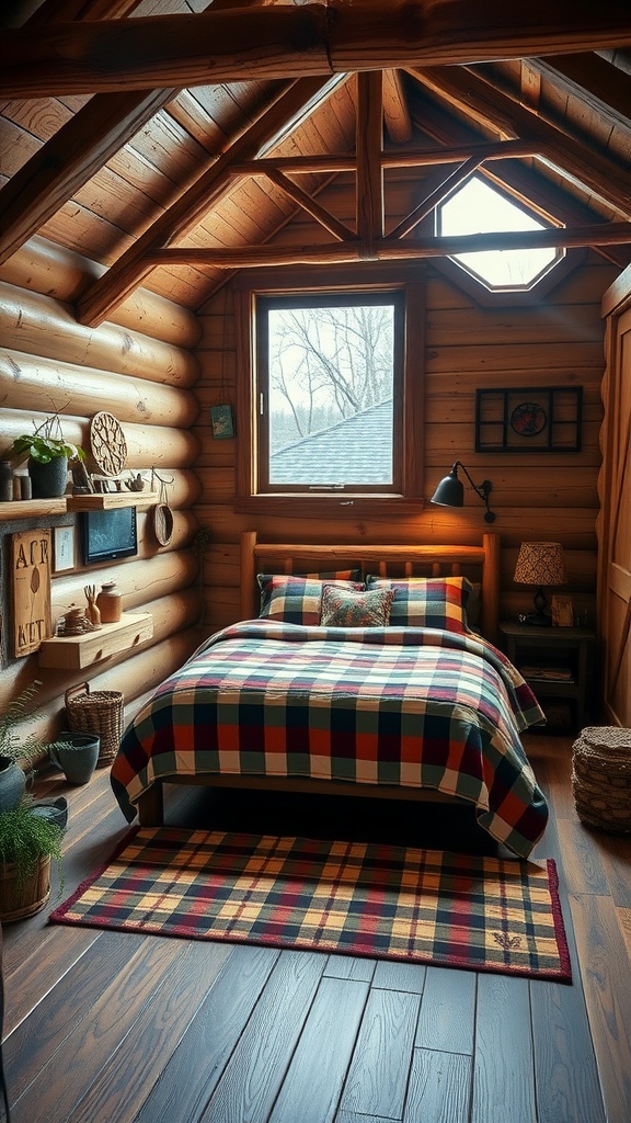 A cozy bedroom with log walls, a plaid quilted bed, and rustic decorations.