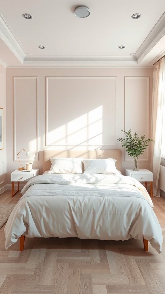 A cozy and light bedroom featuring soft pastel colors, wooden accents, and natural light.