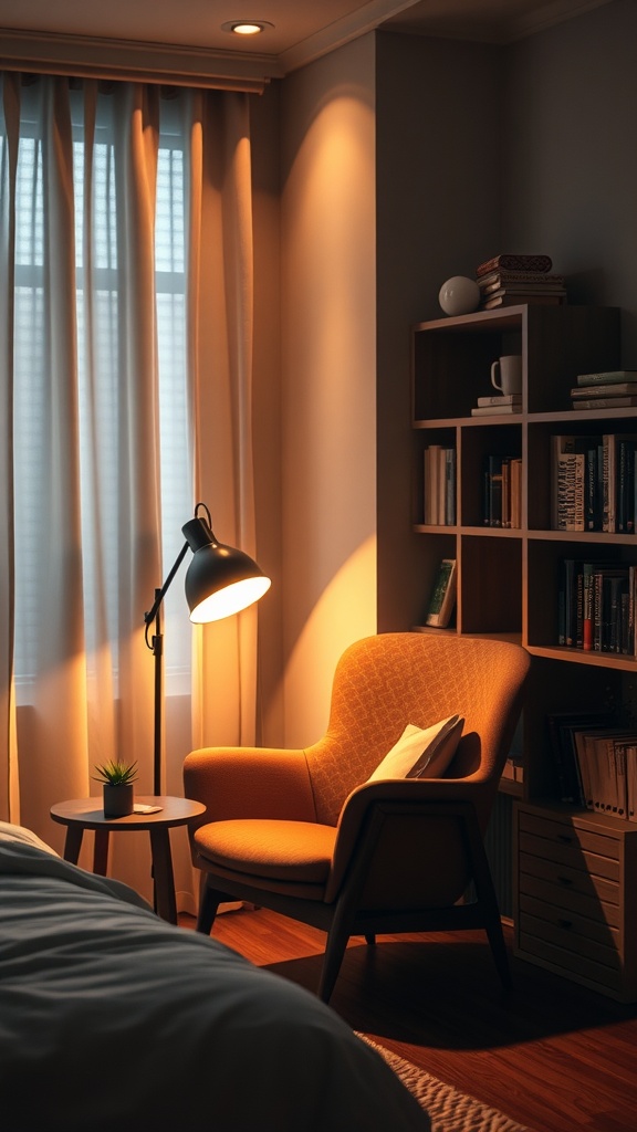 Cozy reading nook featuring an orange armchair, a floor lamp, and bookshelves.