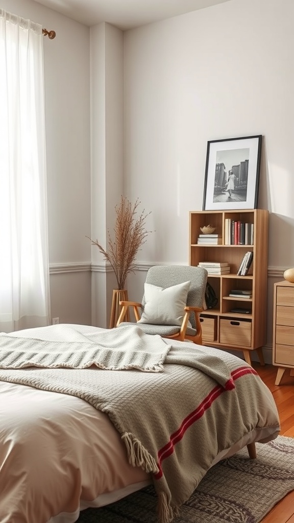 Cozy bedroom corner with a comfortable chair, blanket, and bookshelf