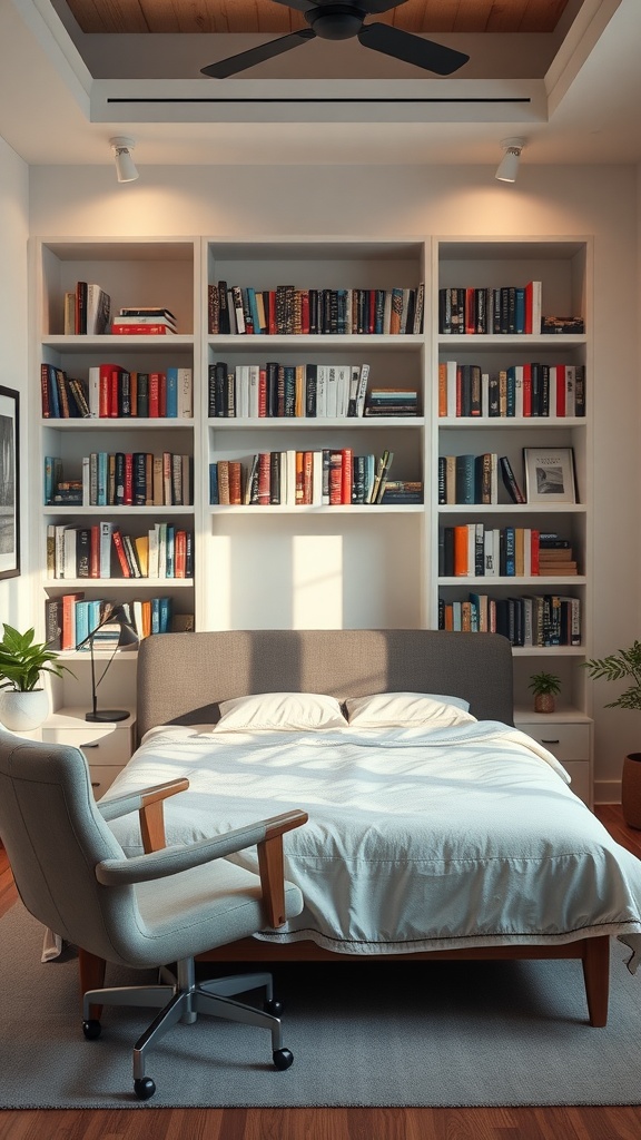 A modern bedroom featuring a neatly organized bookshelf filled with books, a cozy bed, and a stylish chair.