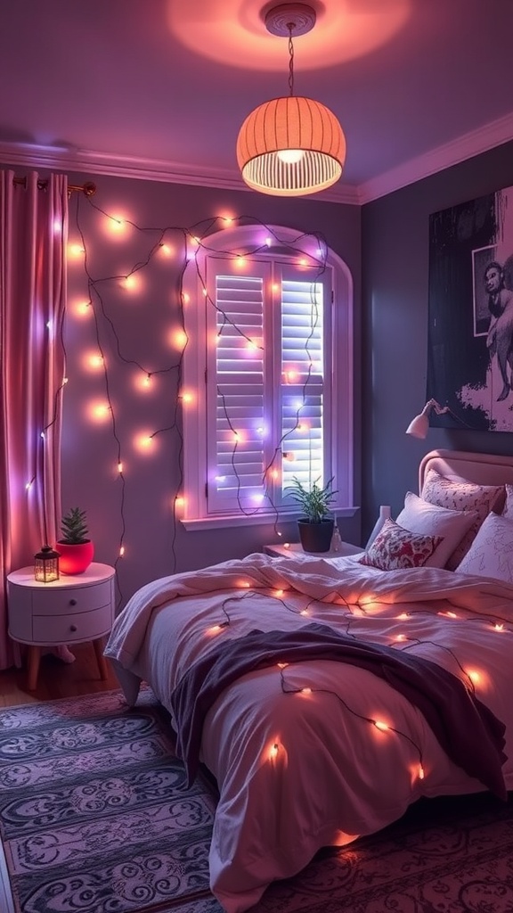 Cozy bedroom with string lights, soft bedding, and plants, creating a warm atmosphere.